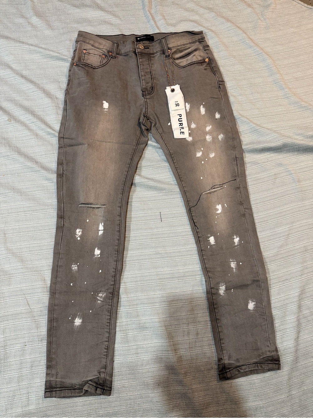 PURPLE Men's Gray Skinny Jeans with Distressed Paint Detail